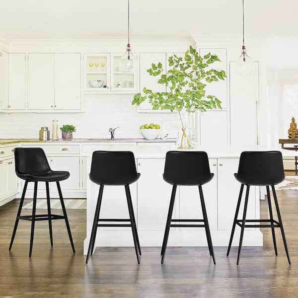 cozyman Abraham 30 in. Black Metal Counter Height Bar Stool Faux Leather Bucket Bar stool with Back Counter Stool (Set of 4)