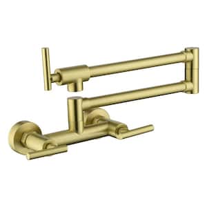 Modern Wall Mount Hot Cold Water Faucet with Folding Stretchable 3 Handles 2 Holes Pot Filler Faucet in Gold