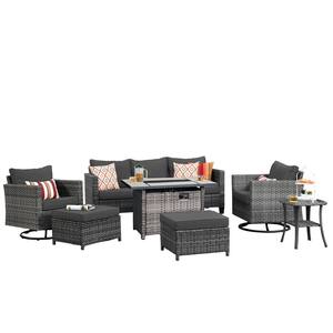 Hyperion 7-Piece Wicker Patio Rectangular Fire Pit Set and with Black Cushions and Swivel Rocking Chairs