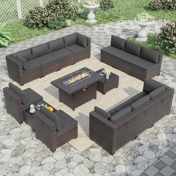 15-Piece Wicker Patio Conversation Set with 55000 BTU Aluminum Gas Fire Pit Table, Glass Coffee Table and Gray Cushions