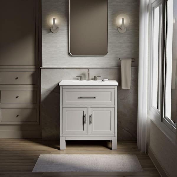 KOHLER Quo 31in. Single Sink Freestanding Mohair Grey Bath Vanity with White Quartz Top Assembled