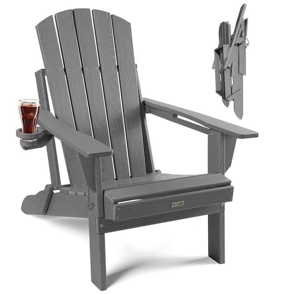 Mximu Gray HDPE Outdoor Folding Plastic Adirondack Chair with Cupholder