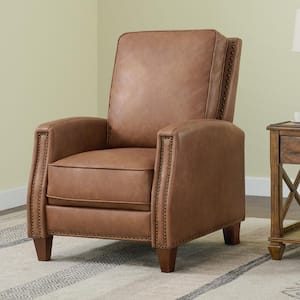 Balthazar Saddle Brown Lether Manual Push Back Recliner with Nailhead Trim and Solid Wood Legs