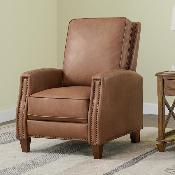 Spruce & Spring Balthazar Saddle Brown Lether Manual Push Back Recliner with Nailhead Trim and Solid Wood Legs