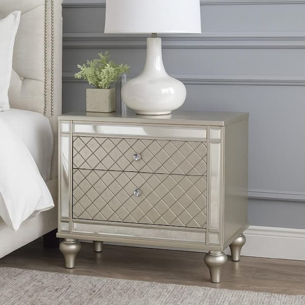 Benjara Cristo Champagne Silver and Clear 2-Drawer 28 in. W