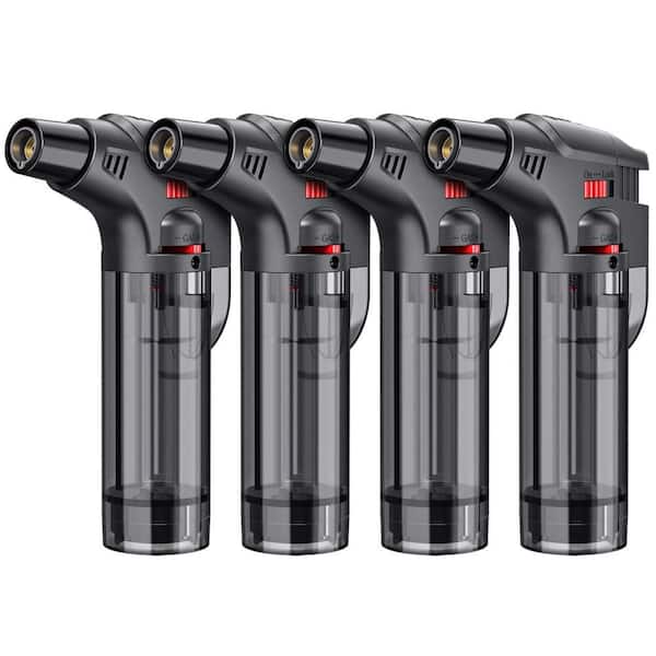 Metal Torch Lighter with Safety Lock, Windproof Jet Flame, Visible Fuel Tank, Refillable, 4-Pack, (Butane Not Included)