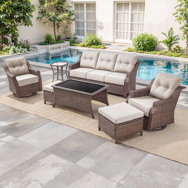 Artisan Brown 7-Piece Wicker Patio Conversation Set with Swivel Rockers, Sofa Seating Set with Olefin Beige Cushions
