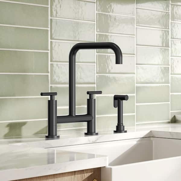 Culinary 2-Handle Industrial 8 in. Widespread Bridge Kitchen Faucet with Side Sprayer Spot Resist in Matte Black