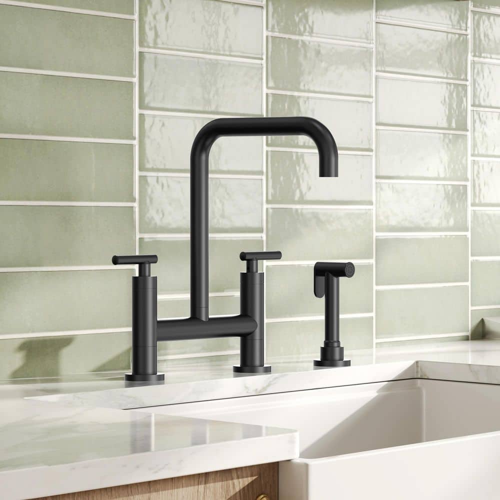 Culinary 2-Handle Industrial 8 in. Widespread Bridge Kitchen Faucet with Side Sprayer Spot Resist in Matte Black price history on PriceWatchPro