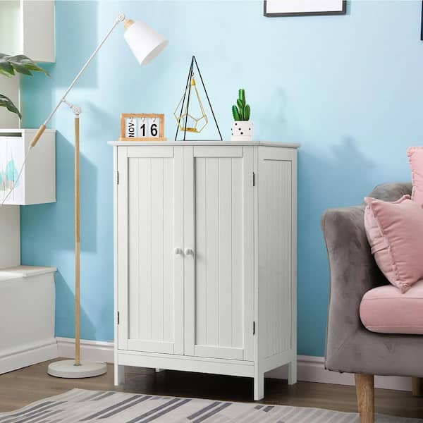 23.5 in. W White Bathroom Floor Storage Linen Cabinet with Double Door Kitchen Cupboard Shoe Cabinet