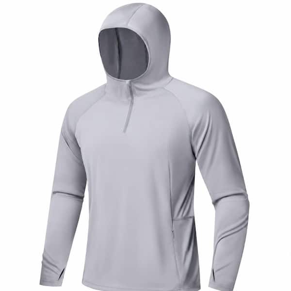 UPF 50 Plus Gray Sun Hoodie for Men 1/4 Zip Long Sleeve Fishing Shirt UV Hiking Outdoor Thumbholes Men,