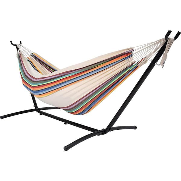 Unbranded 9 ft. 2-Person Hammock with Steel Stand Includes Portable Carrying Case, 450 lbs. Capacity ( Tan Stripe)