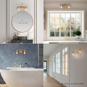 Modern Light Gold Bathroom Vanity Light 14.2 in. W 2-Light Powder Room Wall Light with Globe Clear Glass Shades