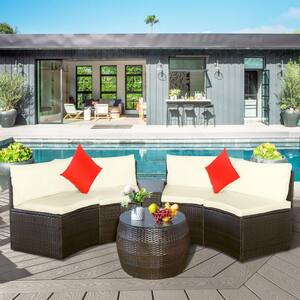 4-Piece Wicker Patio Conversation Sectional Seating Set with Beige Cushions and Pillows