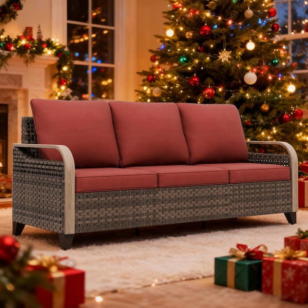 3 Seat Wicker Outdoor Patio Sofa Couch with Red Cushions