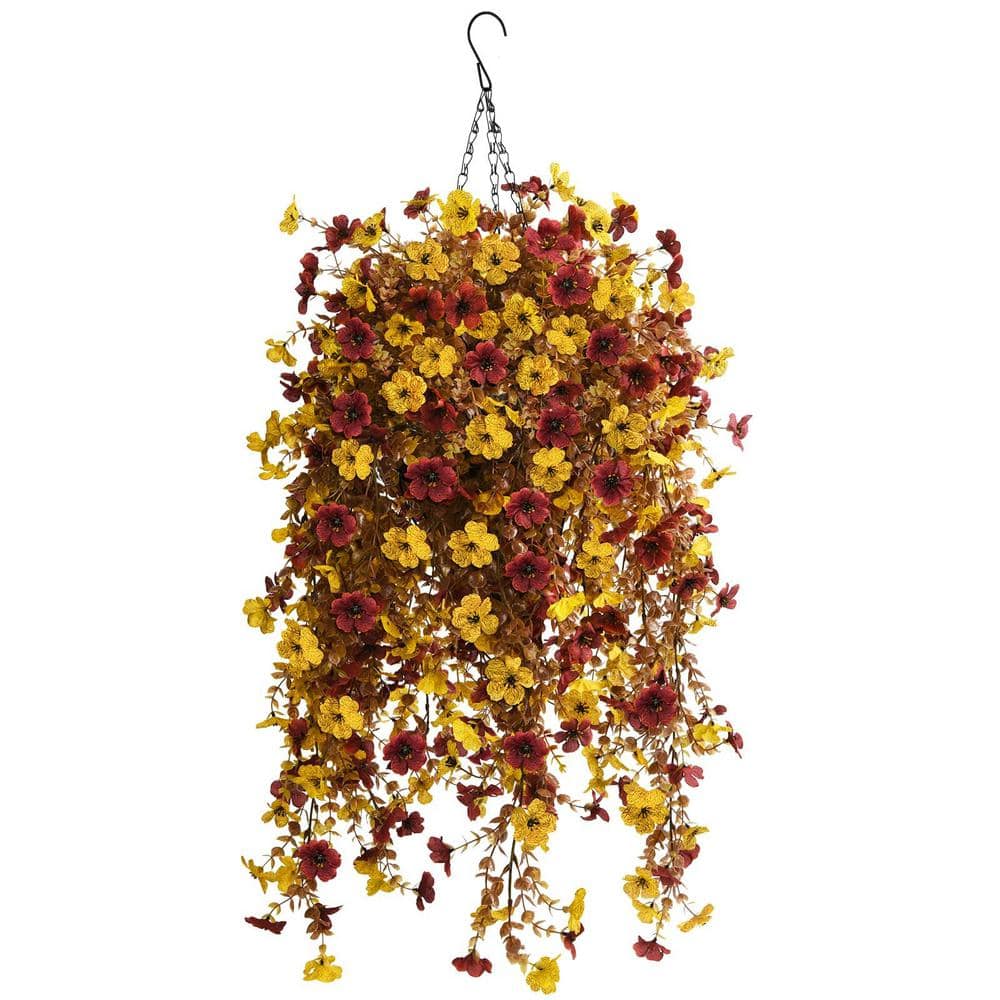 25.6 in. Yellow Artificial Hanging Flowers in Basket, Faux Daisy Hanging Pl