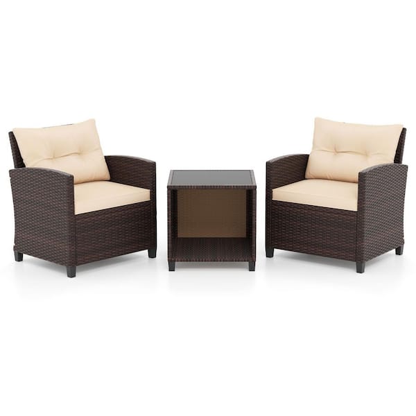 3-Piece Wicker Patio Conversation Set with Beige Cushions, Coffee Table with Storage