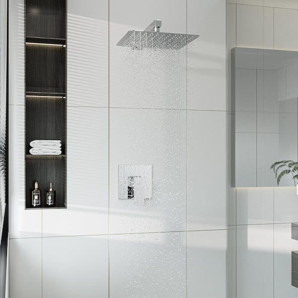 1-Spray Patterns with 1.8 GPM 10 in. with 1.8 GPM Wall Mount Square Fixed Shower Head in Chrome (Valve Included)