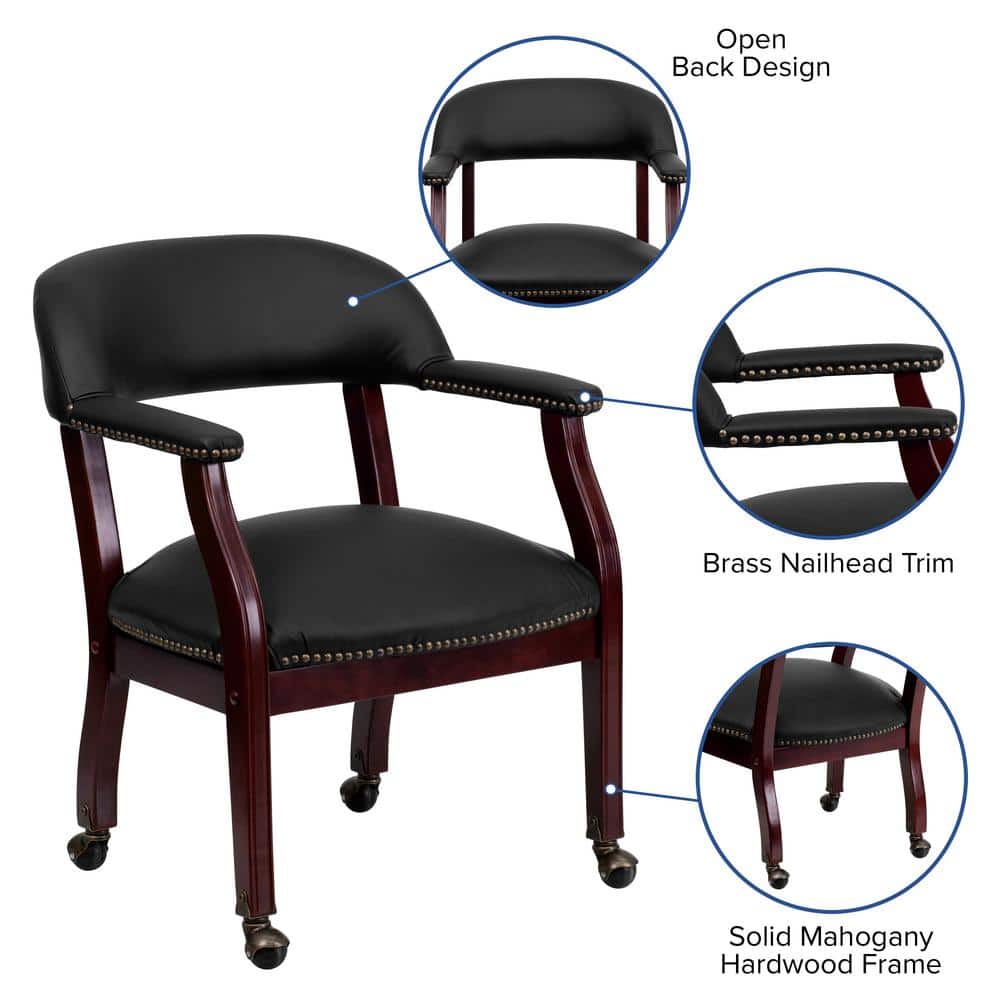 Black Leather Mid-Back Conference Chair with Wood Frame