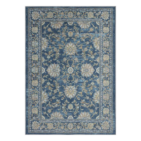 Ottomanson Non-Shedding Washable Wrinkle-Free Cotton Flatweave Floral 5 x 7 Living Room Area Rug, 5 ft. x 7 ft., Blue