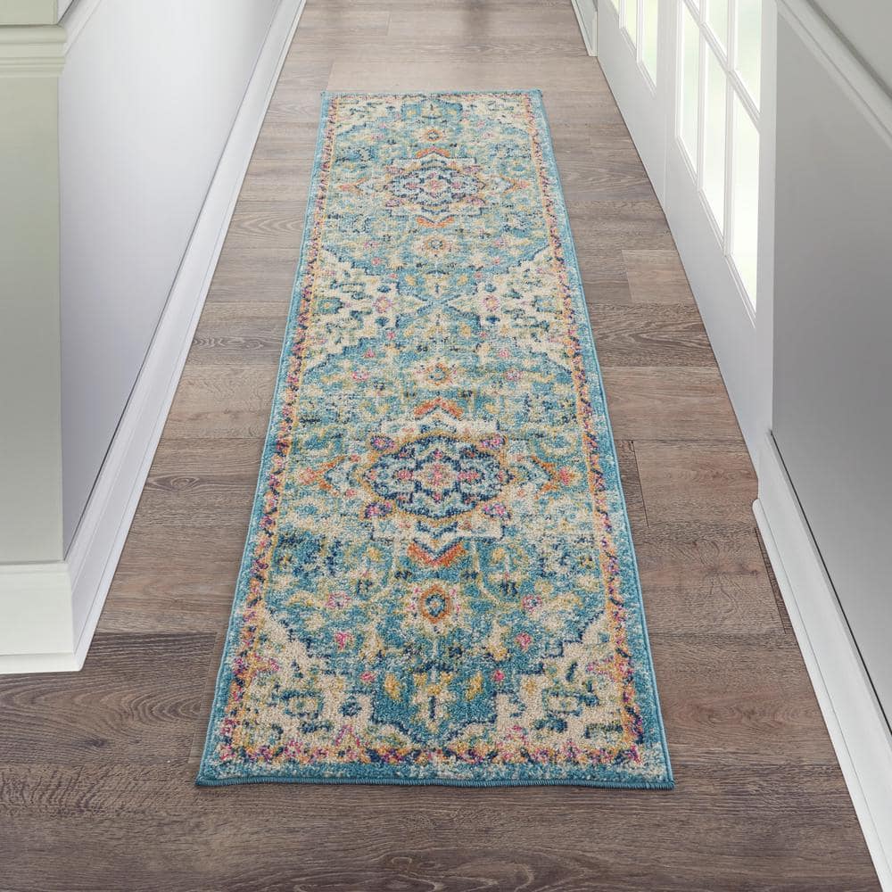 Ivory and Light Blue Floral Synthetic Runner Rug