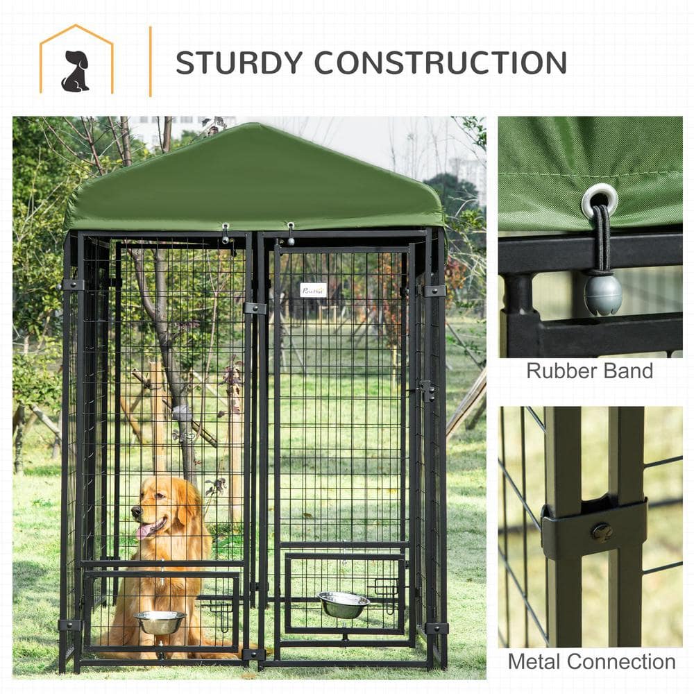 Outdoor Dark Green Steel Dog Kennel with Canopy
