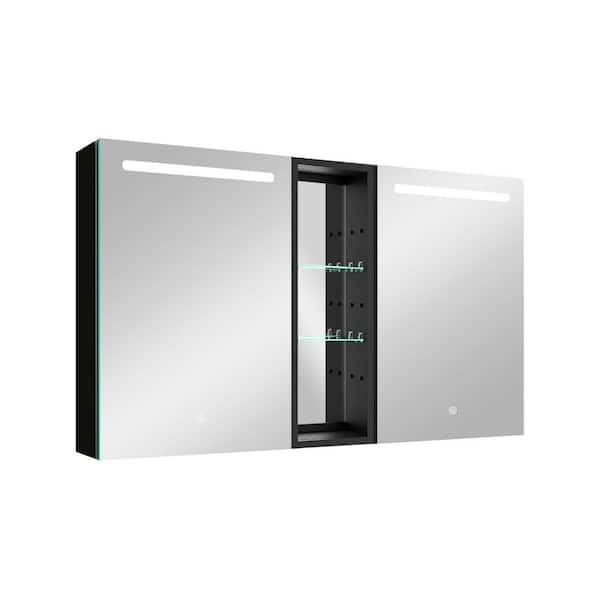 Unbranded 50 in. W x 30 in. H Black Aluminum Surface Mount Double Door Lighted Medicine Cabinet with Mirror