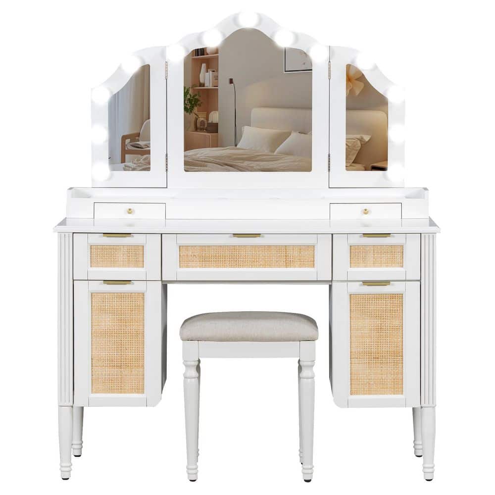 2-Piece White Makeup Vanity Set with Cushioned Stool, Tri-Fold Light Mirror, 5-Drawers, 2 Cabinets, Charging Station - thumbnail 6