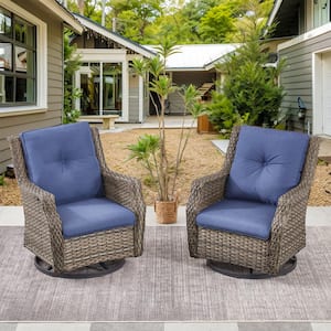 Gray Swivel Glider Wicker Outdoor Rocking Chair with Blue Cushions and Glide Function (2-Pack)