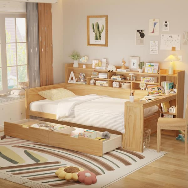 Harper & Bright Designs Natural Multi-functional Twin Size Wood Daybed with Storage Shelves, 2-Drawers and Study Desk
