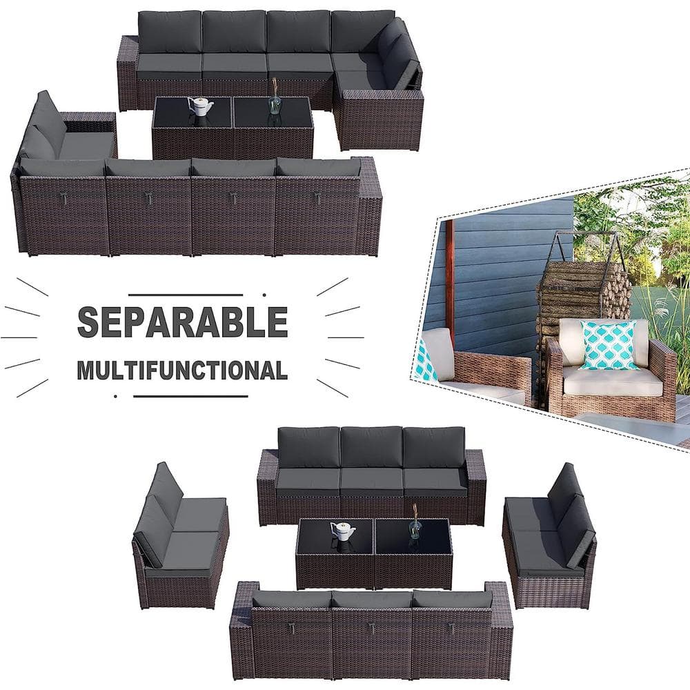 12-Piece Brown Steel Wicker Outdoor Sectional Set with Grey Cushions