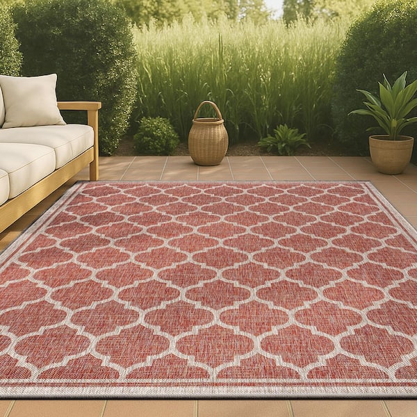 Trebol Moroccan Trellis Red/Beige 7 ft. 9 in. x 10 ft. Textured Weave Indoor/Outdoor Area Rug