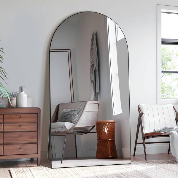 PexFix 38 in. W x 71 in. H Wood Frame Arched Floor Mirror, Bedroom
