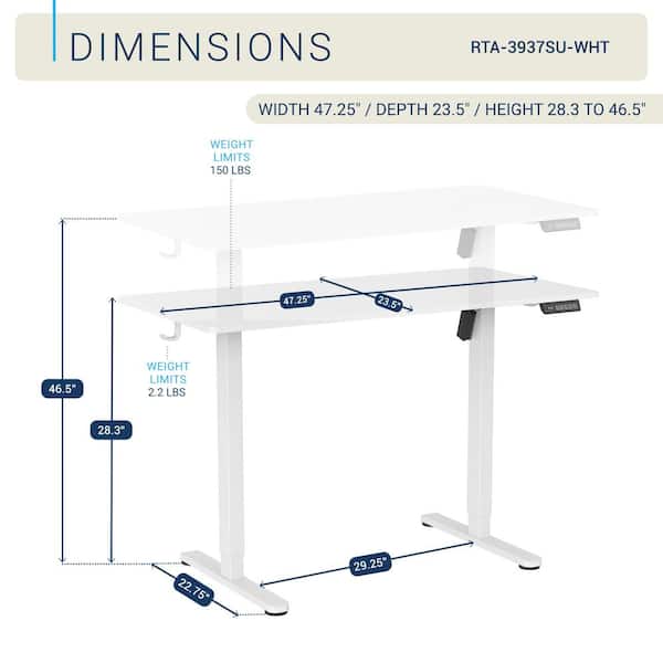 TECHNI MOBILI 47.25 in. White Electric Standing Desk with 3-Memory