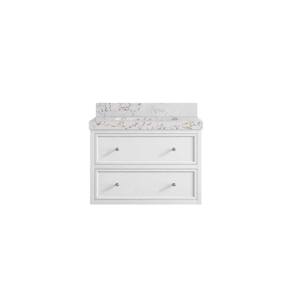 Roswell Floating 30 in. W x 22 in. D x 36 in. H Single Sink Bath Vanity in White with 2 in. Viola Gold qt. Top