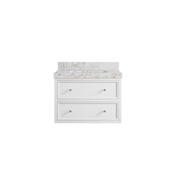 Willow Collections Roswell Floating 30 in. W x 22 in. D x 36 in. H Single Sink Bath Vanity in White with 2 in. Viola Gold qt. Top