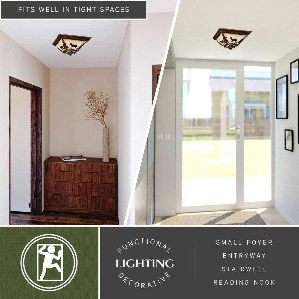 Burnished Bronze Rustic Deer Flush Mount Ceiling Light with Tiffany Glass