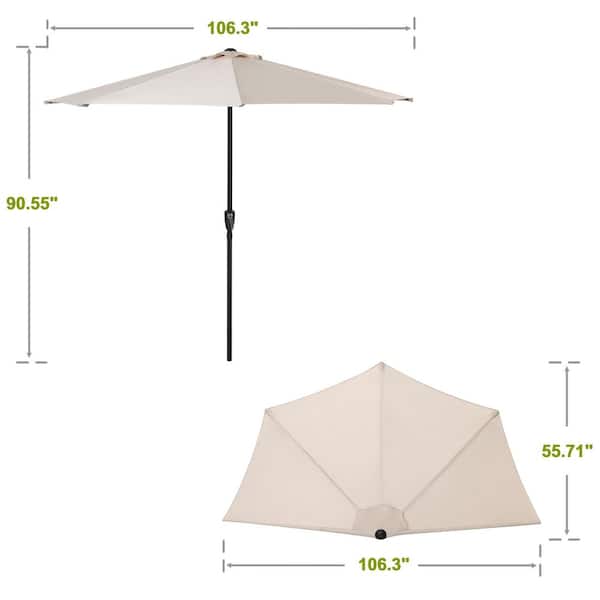 Beige Iron 9 ft. Half Round Outdoor Patio Umbrella with Crank, Weather-Resistant Polyester Fabric