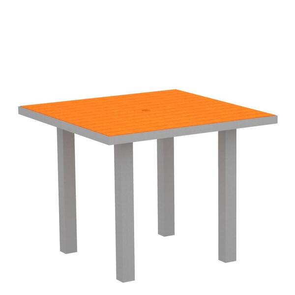 POLYWOOD Euro Textured 36 in. Silver Square Patio Dining Table with Tangerine Top