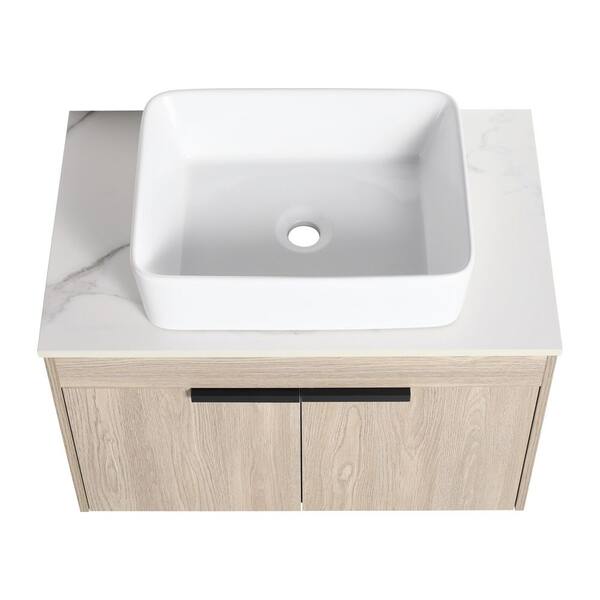 30 in. W Floating Bath Vanity in White Oak with White Ceramic Basin Top in White with Sink and Storage Shelves