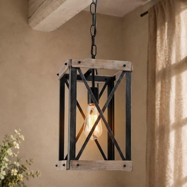 Farmhouse Black 1-Light 9.1 in. W Wood Cage Pendant Light Rustic Rectangle Kitchen Island Lantern Pendant Light