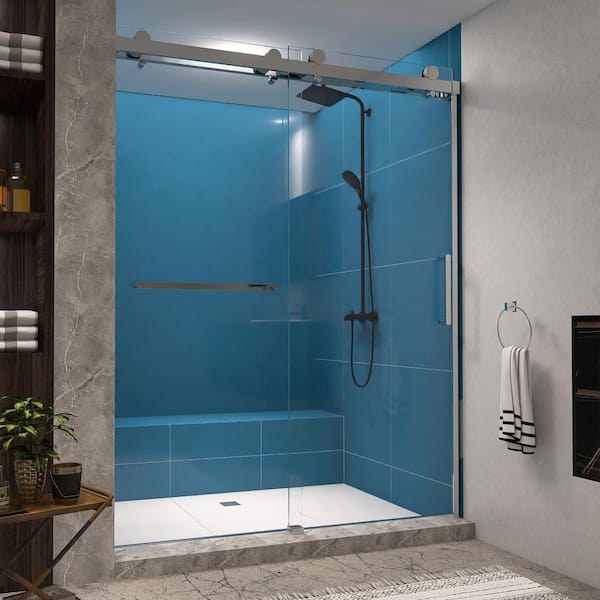 MEDUNJESS 59 in. W x 76 in. H Dual-Sliding Frameless Shower Door in Chrome with Handle and Clear Glass