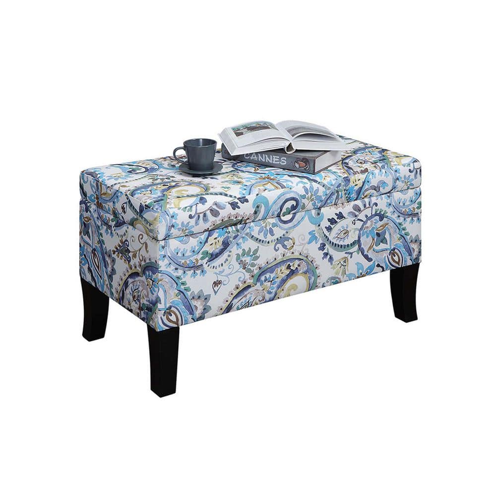 Paisley Fabric Storage Ottoman with Dark Rubberwood Legs