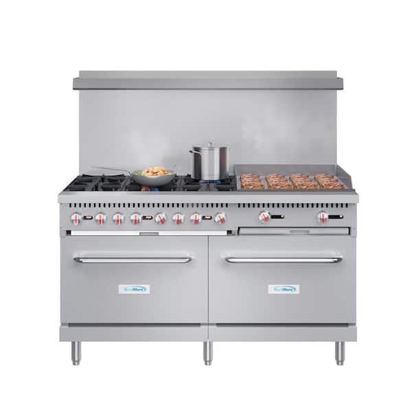Koolmore 60 in. 6 Burner Commercial Double Oven Gas Range with 24 in. Griddle in Stainless Steel