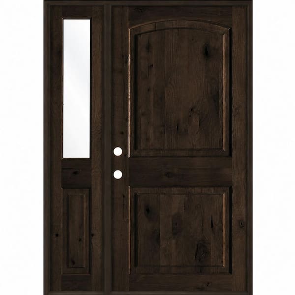 44 in. x 80in. Knotty Alder 2Panel Arch-Top Right-Hand/Inswing Clear Glass True Black Stain Wood Prehung Front Door LHSL