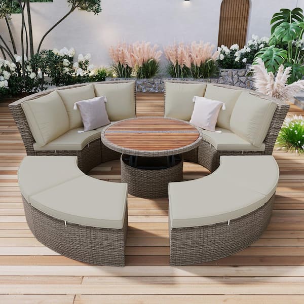Unbranded 5-Piece Round Wicker Outdoor Sectional Couch Set, Rattan Daybed with Round Liftable Table and Washable Gray Cushions