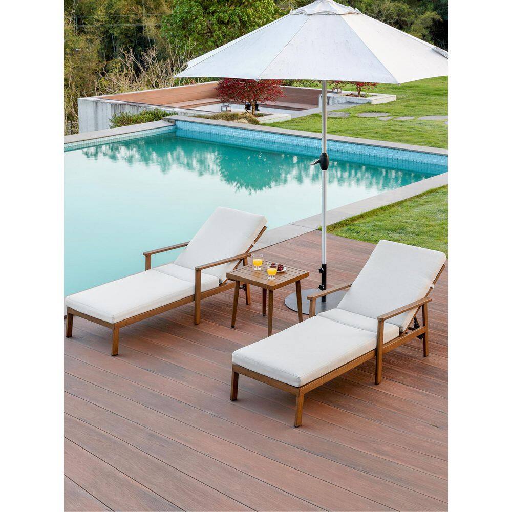 Light Brown Wood Aluminum 3-Piece Outdoor Patio Chaise Lounge Chair with Side Table and Cream Cushions price history on PriceWatchPro