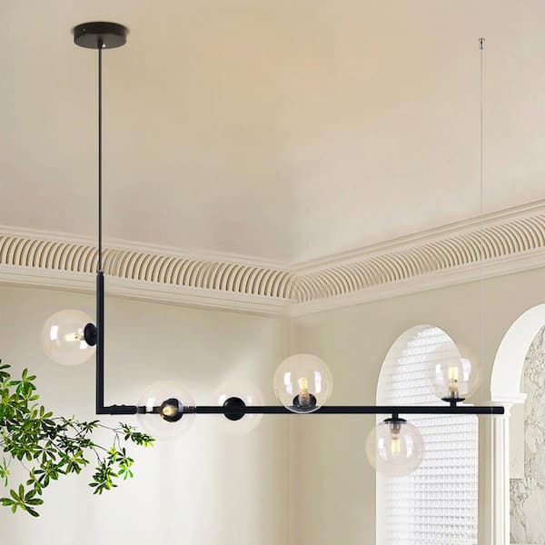 RRTYO Herculaneum 6-Light Black Modern Linear Branch Glass Bubble KitchenIsland Pendant with Clear Glass Globe for Dining Room
