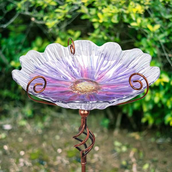 置物 dan 31 in. H x 11 in. Dia Purple Glass Birdbath with Metal Stake