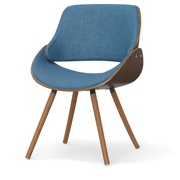 Simpli Home Malden Mid Century Modern Bentwood Dining Chair with Wood Back in Blue Linen Look Fabric